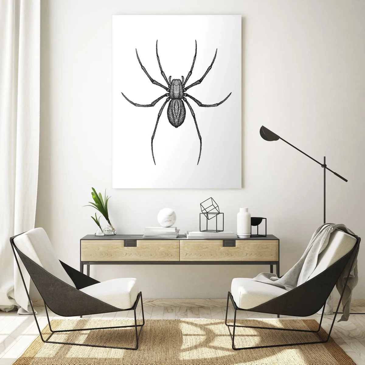Glasbild - Bild auf glas - Detail einer Spinne auf weißem Hintergrund im Cartoon-Stil - 70x100cm - Beunruhigende Präzision - Moderne Wanddekoration für Wohnzimmer und Schlafzimmer ARTTOR