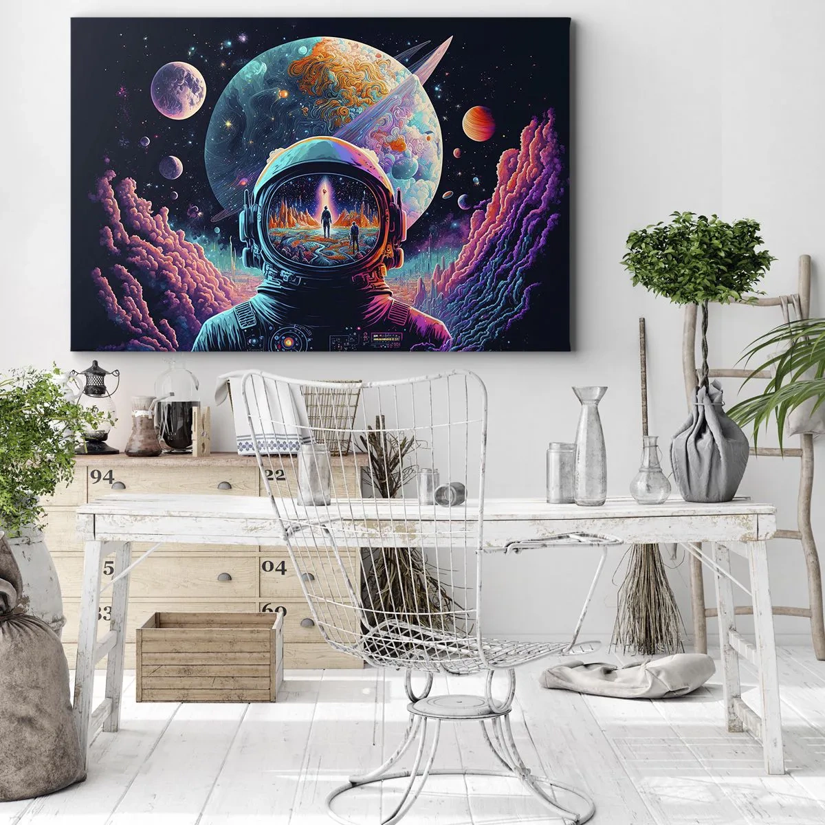 Bild auf Leinwand - Leinwandbild - Astronaut im Weltraum mit einer farbenfrohen Planetenlandschaft - 70x50cm - Philosophen haben nicht davon geträumt - Moderne Wanddekoration für Wohnzimmer und Schlafzimmer ARTTOR