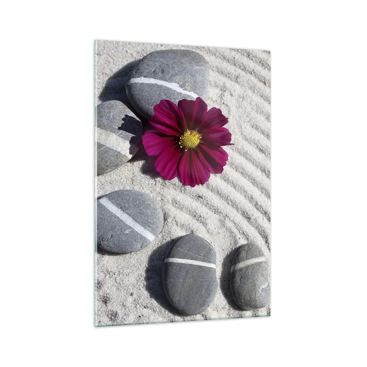 Glasbild - Bild auf glas - Steine und eine rosa Blume auf dem Sand im Zen-Stil - 70x100cm - Energie und Ruhe des Zauberkreises der Natur - Moderne Wanddekoration für Wohnzimmer und Schlafzimmer ARTTOR