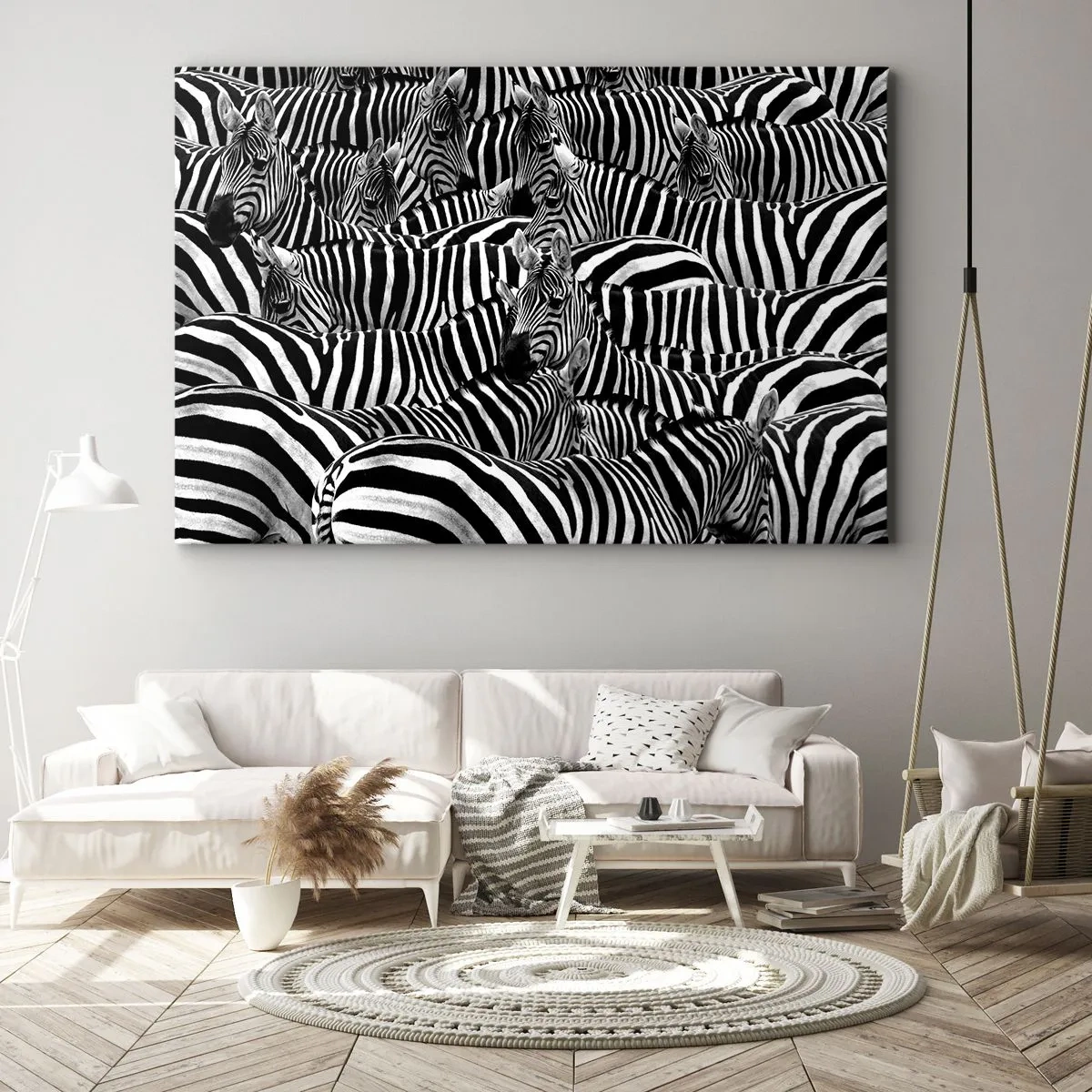 Bild auf Leinwand - Leinwandbild - Eine Gruppe Zebras mit schwarzen und weißen Streifen, die ein symmetrisches Muster bilden. - 120x80cm - Gestreiftes Gruppenportrait - Moderne Wanddekoration für Wohnzimmer und Schlafzimmer ARTTOR
