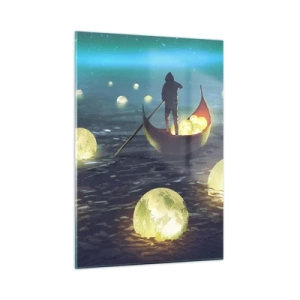 Glasbild - Bild auf glas - Ein Boot mit Laternen auf dem Wasser in einer surrealen Landschaft - 50x70cm - Dinge, von denen Philosophen nie geträumt haben - Moderne Wanddekoration für Wohnzimmer und Schlafzimmer ARTTOR