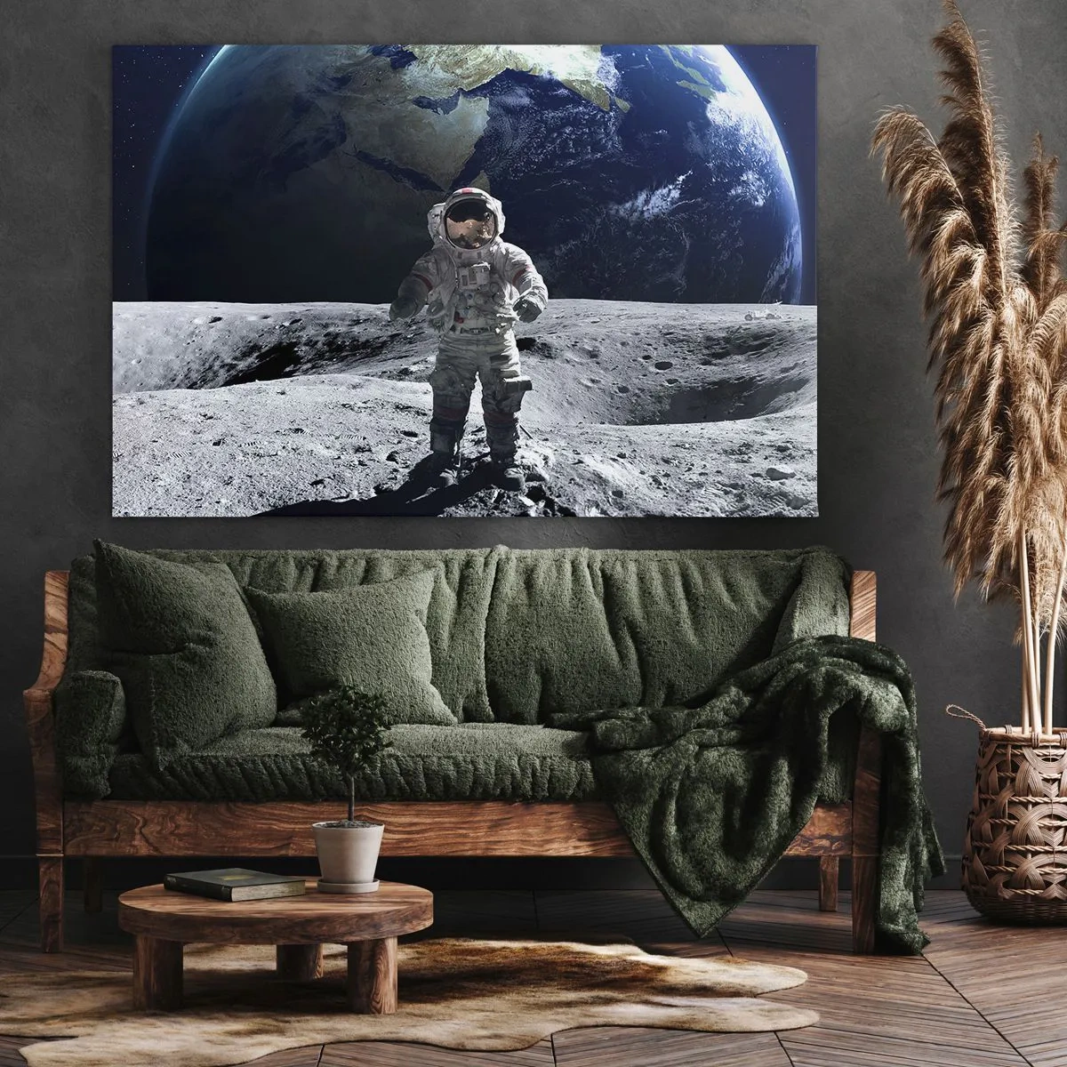 Bild auf Leinwand - Leinwandbild - Astronaut auf der Mondoberfläche mit der Erde im Hintergrund - 70x50cm - Grüße vom Mond - Moderne Wanddekoration für Wohnzimmer und Schlafzimmer ARTTOR