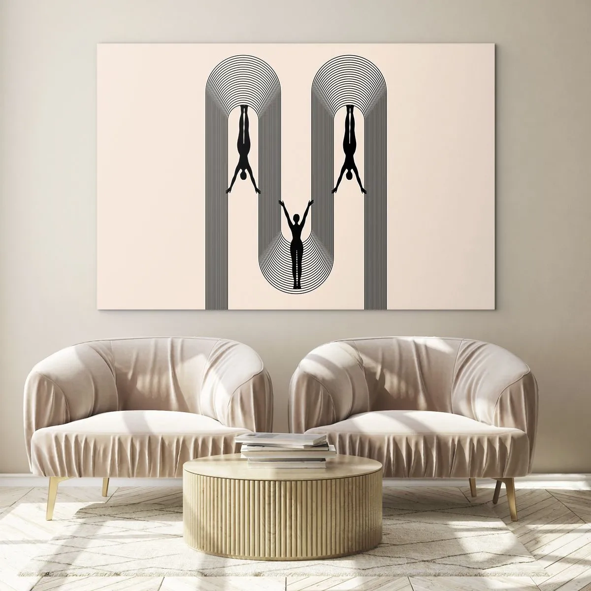 Glasbild - Bild auf glas - Schwarze Silhouetten von Figuren, die in rhythmischen Bögen schweben - 70x50cm - Verkehrt herum - Moderne Wanddekoration für Wohnzimmer und Schlafzimmer ARTTOR