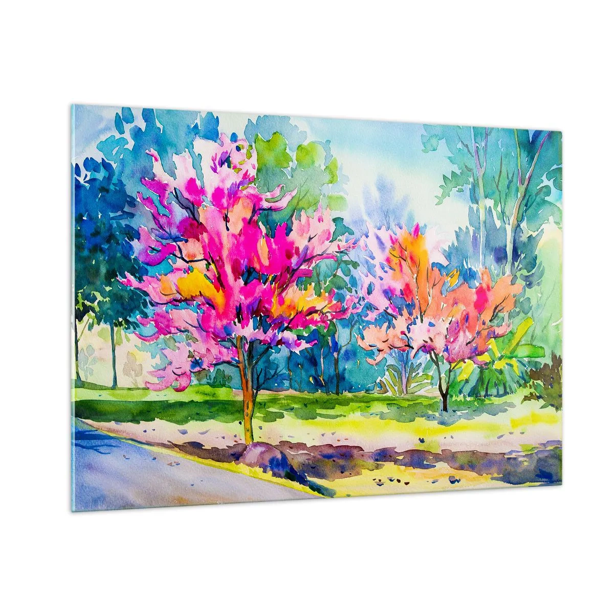 Glasbild - Bild auf glas - Bunte Bäume im Park, gemalt mit Aquarelltechnik - 100x70cm - Regenbogengarten im Frühlingslicht - Moderne Wanddekoration für Wohnzimmer und Schlafzimmer ARTTOR
