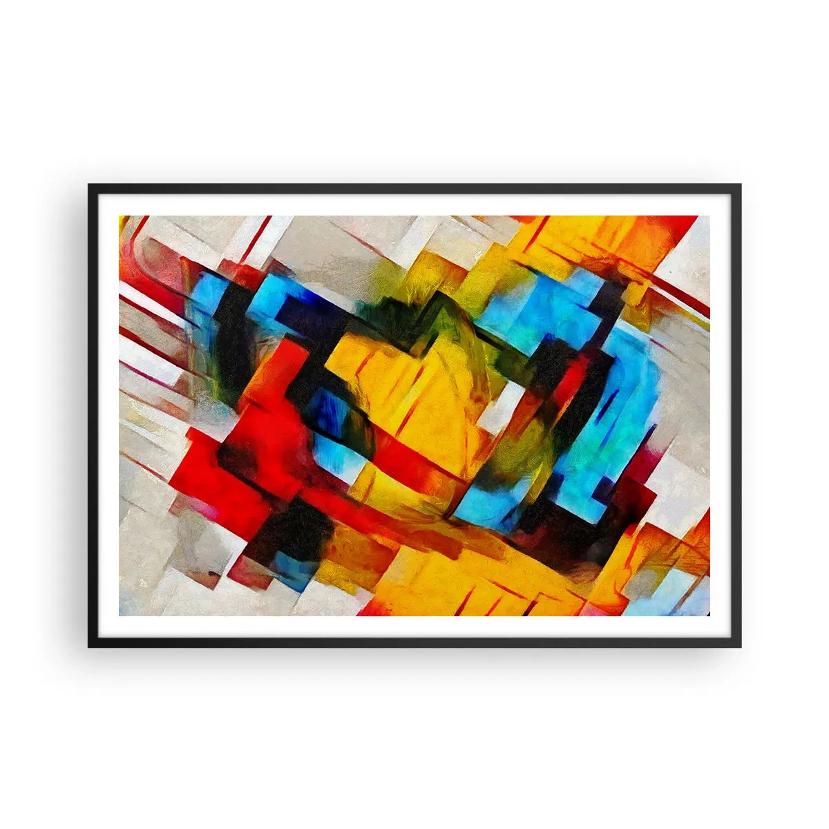 Poster in einem schwarzem Rahmen - Abstrakte geometrische Komposition in lebendigen Farben - 100x70cm - Ein bunter Interleaver - Moderne Wanddekoration für Wohnzimmer und Schlafzimmer ARTTOR