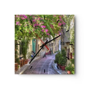 Wanduhr - Glasuhr - Eine charmante Straße mit blühenden Weinreben und Cafétischen - 30x30cm - Blühende Gasse - Moderne Wanddekoration für Wohnzimmer und Schlafzimmer ARTTOR