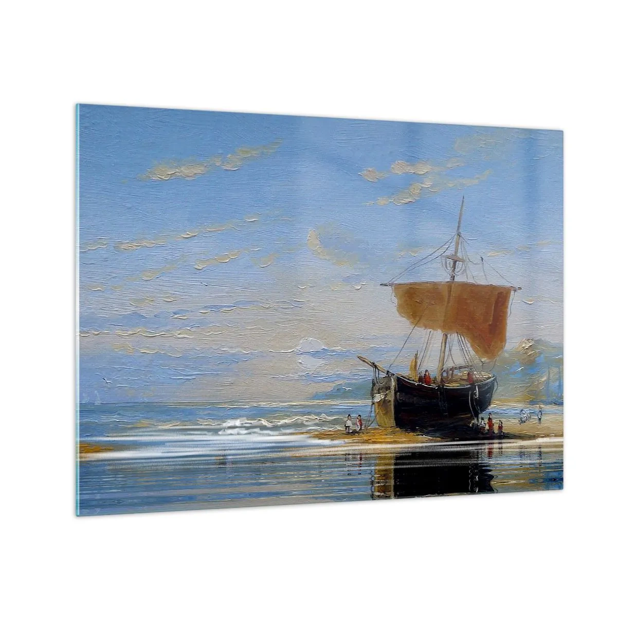 Glasbild - Bild auf glas - Ein Schiff mit Segel am Ufer im malerischen Stil - 70x50cm - Wasser, Land, Luft - Moderne Wanddekoration für Wohnzimmer und Schlafzimmer ARTTOR