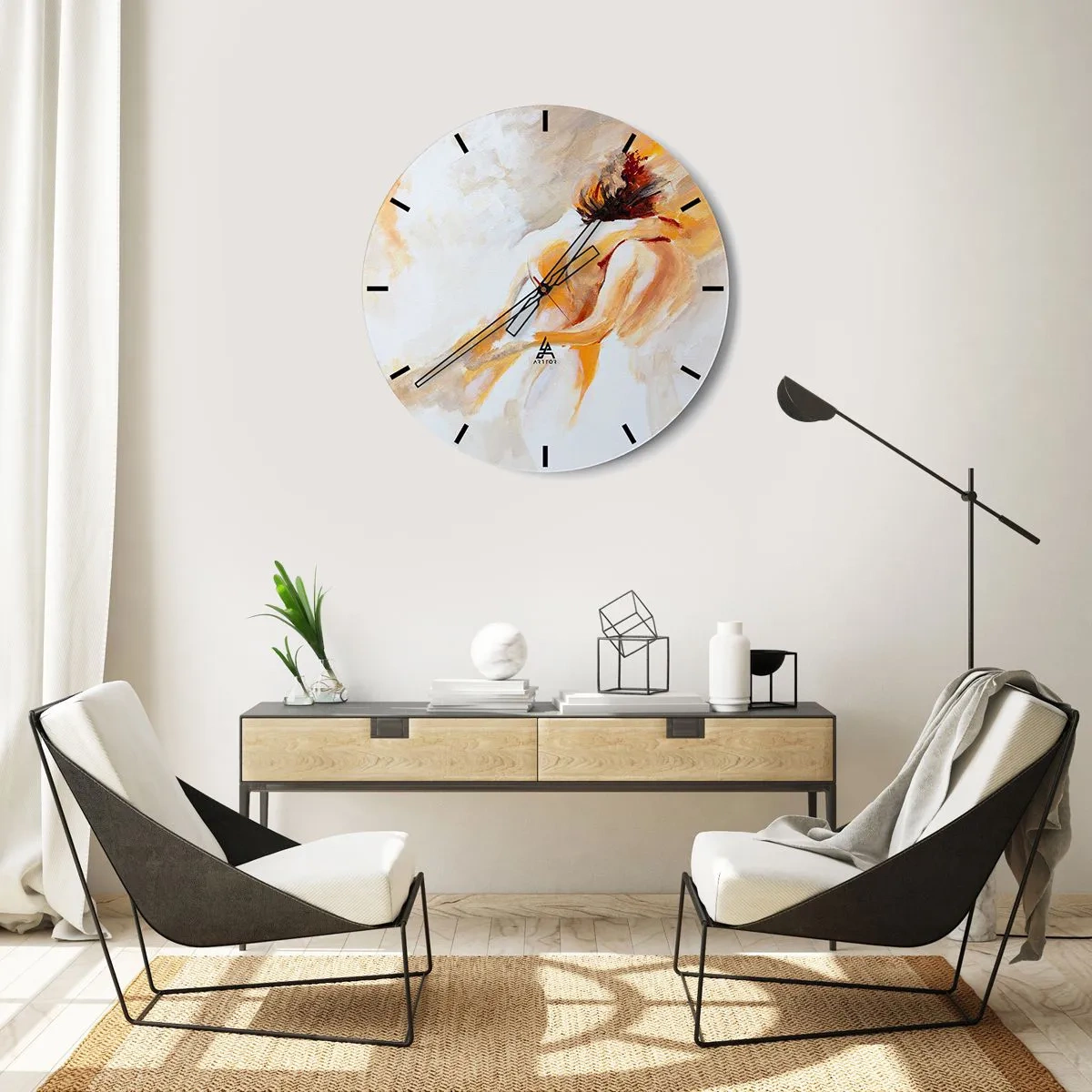 Wanduhr - Glasuhr - Eine künstlerische Darstellung eines eng verbundenen Paares in warmen Farben. - 30x30cm - Am Himmel der Nähe - Moderne Wanddekoration für Wohnzimmer, Küche und Schlafzimmer ARTTOR