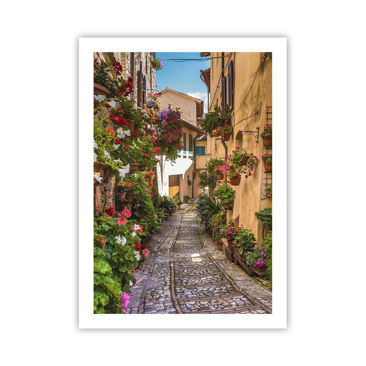 Poster - Eine bezaubernde Straße mit Blumen und einem Kopfsteinpflasterweg an einem sonnigen Tag - 50x70cm - Italienische Gasse - Moderne Wanddekoration für Wohnzimmer und Schlafzimmer ARTTOR