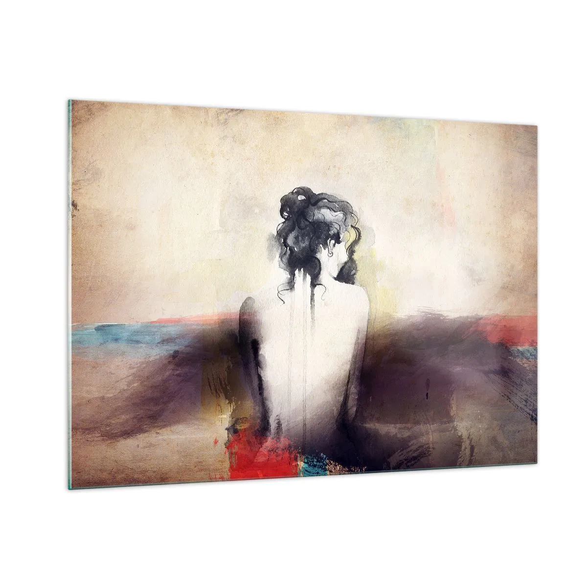 Glasbild - Bild auf glas - Ein subtiles Porträt einer Frau vor einem pastellfarbenen Landschaftshintergrund. - 100x70cm - Glatte Linien, ovale Formen - Moderne Wanddekoration für Wohnzimmer und Schlafzimmer ARTTOR