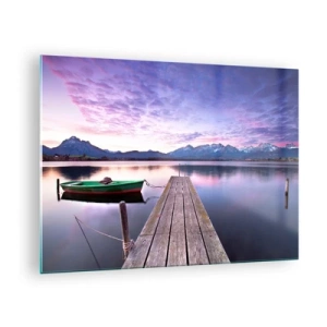 Glasbild - Bild auf glas - Grünes Boot auf einem Pier mit Bergkulisse bei Sonnenaufgang - 70x50cm - Freundliche Stille - Moderne Wanddekoration für Wohnzimmer und Schlafzimmer ARTTOR