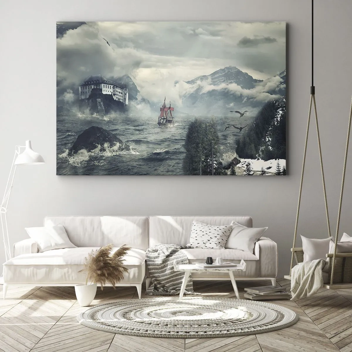 Bild auf Leinwand - Leinwandbild - Eine geheimnisvolle Landschaft mit einem Schloss, Bergen und einem Schiff - 120x80cm - In magischen Gewässern - Moderne Wanddekoration für Wohnzimmer und Schlafzimmer ARTTOR