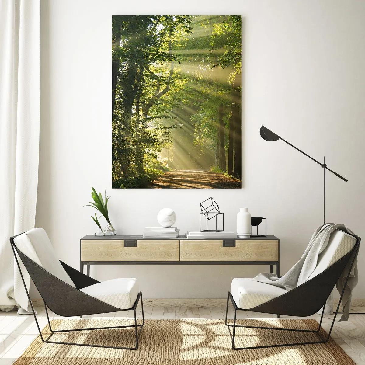 Glasbild - Bild auf glas - Ein Waldweg, beleuchtet von den Sonnenstrahlen - 50x70cm - Waldmoment - Moderne Wanddekoration für Wohnzimmer und Schlafzimmer ARTTOR