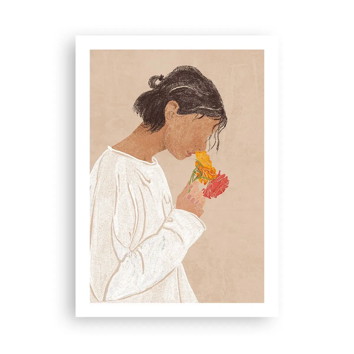 Poster - Eine Frau in Weiß, die über Blumen nachdenkt - 50x70cm - Mädchen und Blumen - Moderne Wanddekoration für Wohnzimmer und Schlafzimmer ARTTOR