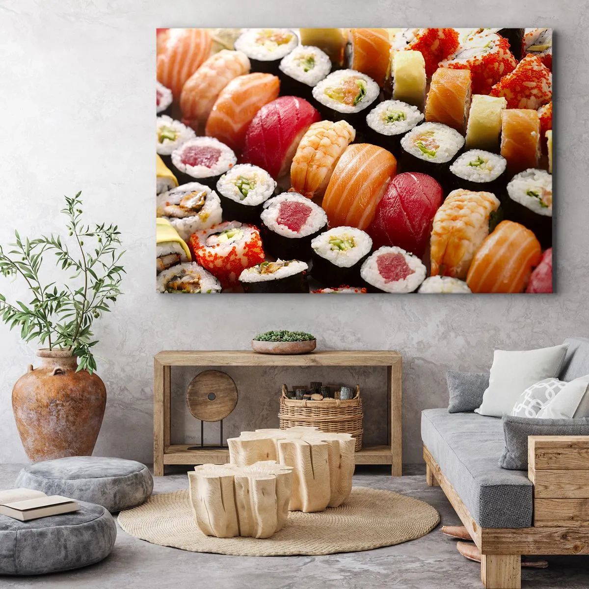 Bild auf Leinwand - Leinwandbild - Buntes Sushi in Reihen angeordnet mit verschiedenen Toppings - 70x50cm - Farben und Aromen Asiens - Moderne Wanddekoration für Wohnzimmer und Schlafzimmer ARTTOR