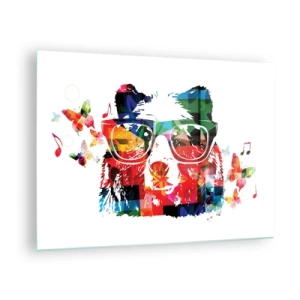 Glasbild - Bild auf glas - Bunter Bär mit Brille im Pop-Art-Stil mit musikalischem Thema - 70x50cm - Ich mag! - Moderne Wanddekoration für Wohnzimmer und Schlafzimmer ARTTOR