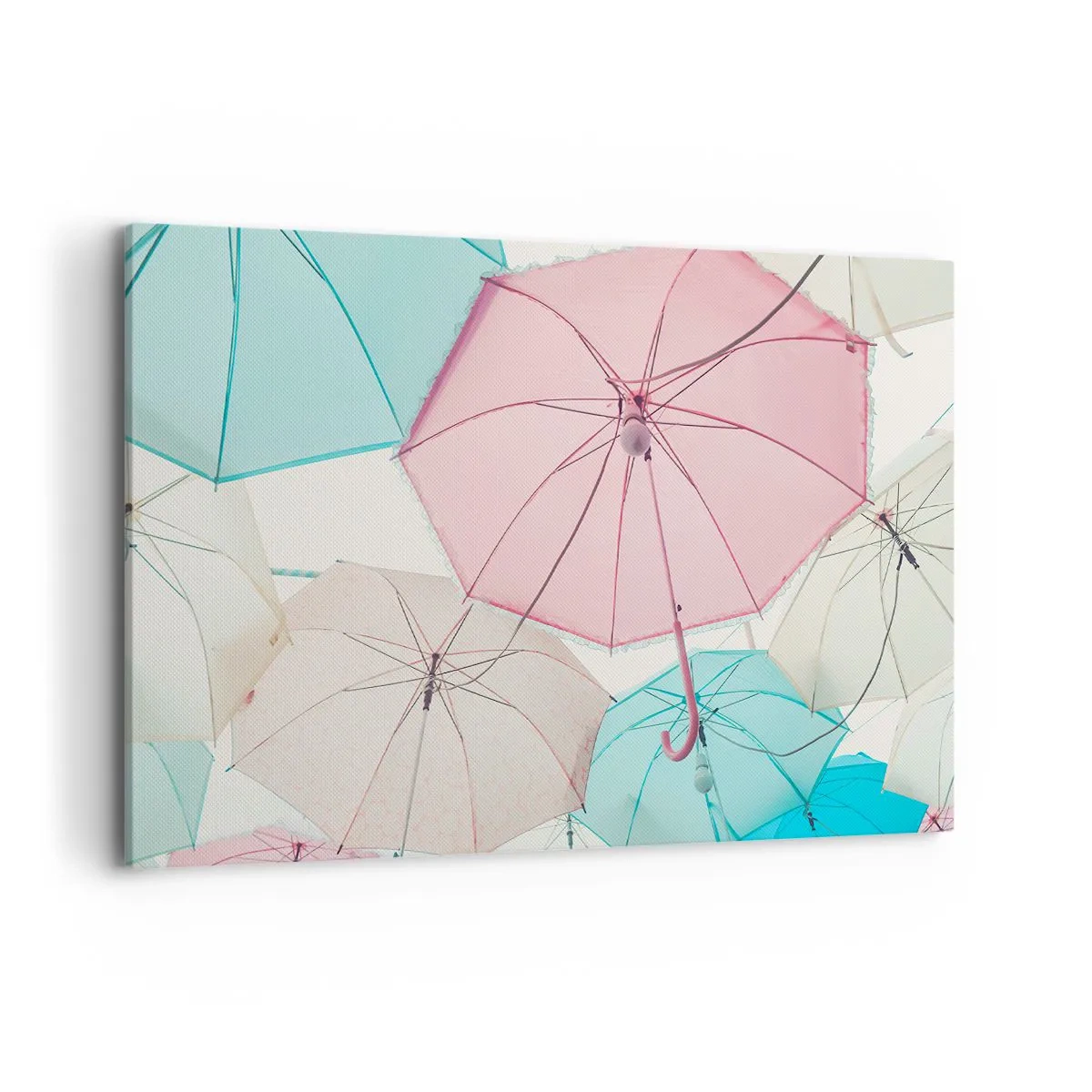 Bild auf Leinwand - Leinwandbild - Pastellfarbene Regenschirme vor einem hellen Himmel - 120x80cm - Mal Sonne, mal Regen - Moderne Wanddekoration für Wohnzimmer und Schlafzimmer ARTTOR
