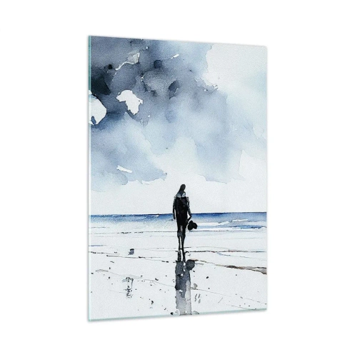 Glasbild - Bild auf glas - Silhouette einer Person an der Küste in zartem Aquarell - 50x70cm - Gespräch mit dem Meer - Moderne Wanddekoration für Wohnzimmer und Schlafzimmer ARTTOR