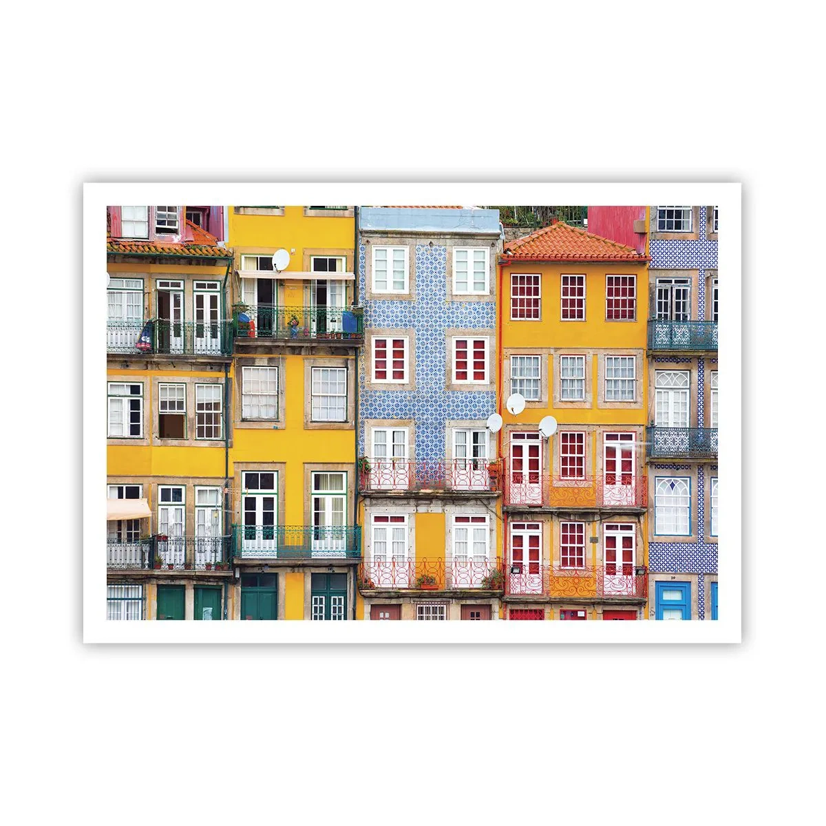Poster - Bunte Fassaden von Mietshäusern im Stadtbild - 100x70cm - Farben der Altstadt - Moderne Wanddekoration für Wohnzimmer und Schlafzimmer ARTTOR