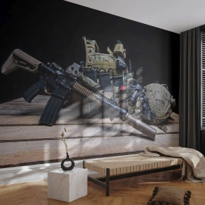 Fototapete Premium Sand - Sich ausruhen! - Militär, Gewehr, Waffe - 250x175 cm