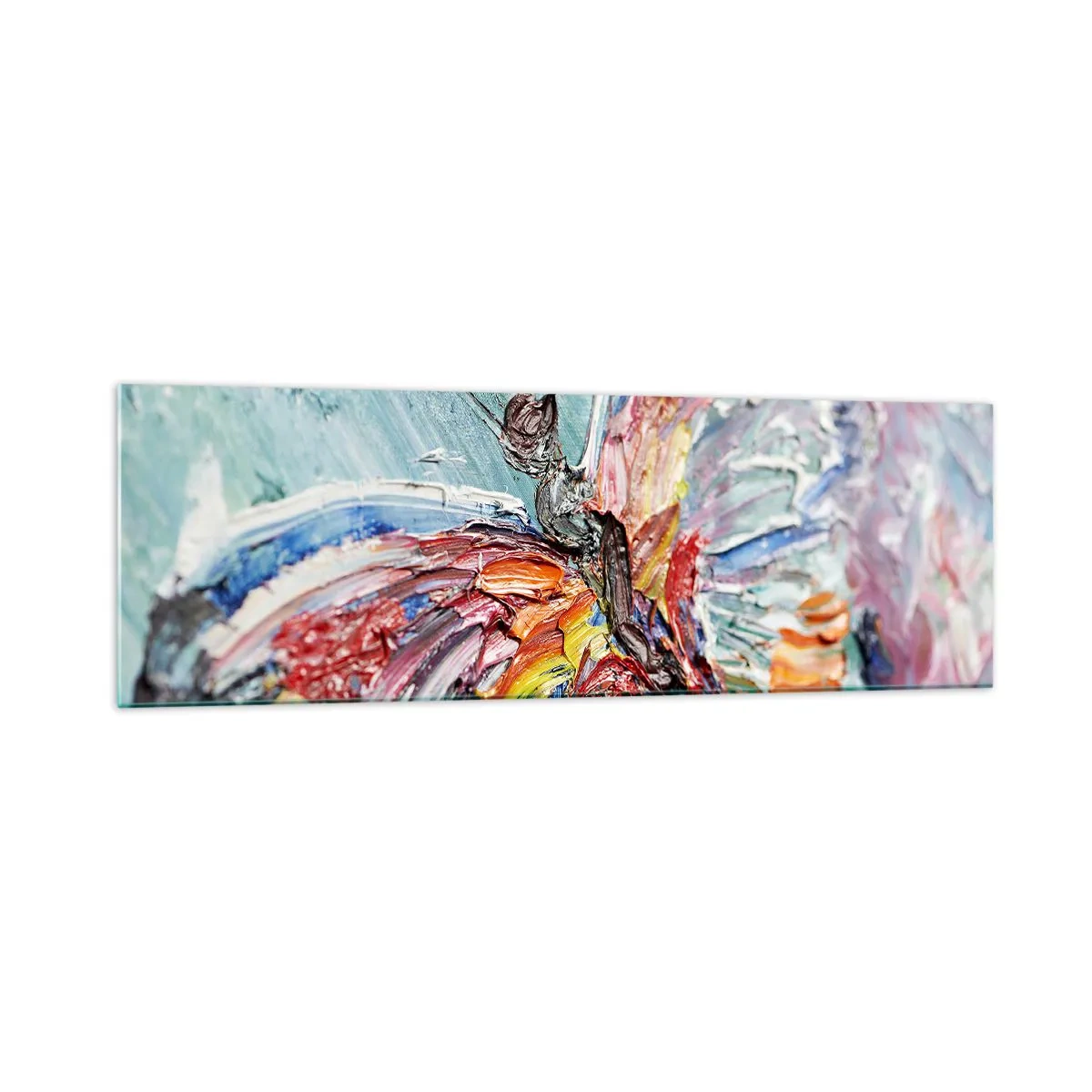 Glasbild - Bild auf glas - Bunter Impasto-Schmetterling auf pastellfarbenem Hintergrund - 160x50cm - Von der Natur gemalt - Moderne Wanddekoration für Wohnzimmer und Schlafzimmer ARTTOR