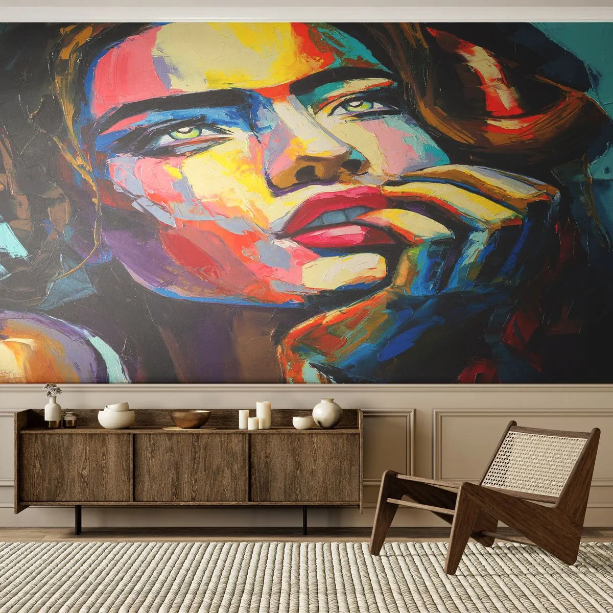 Fototapete Standard Eco - Ein farbenfrohes Frauenporträt im expressiven Malstil. - 100x70cm - Träume fliegen am Himmel wie Vögel - Moderne Wanddekoration für Wohnzimmer und Schlafzimmer ARTTOR