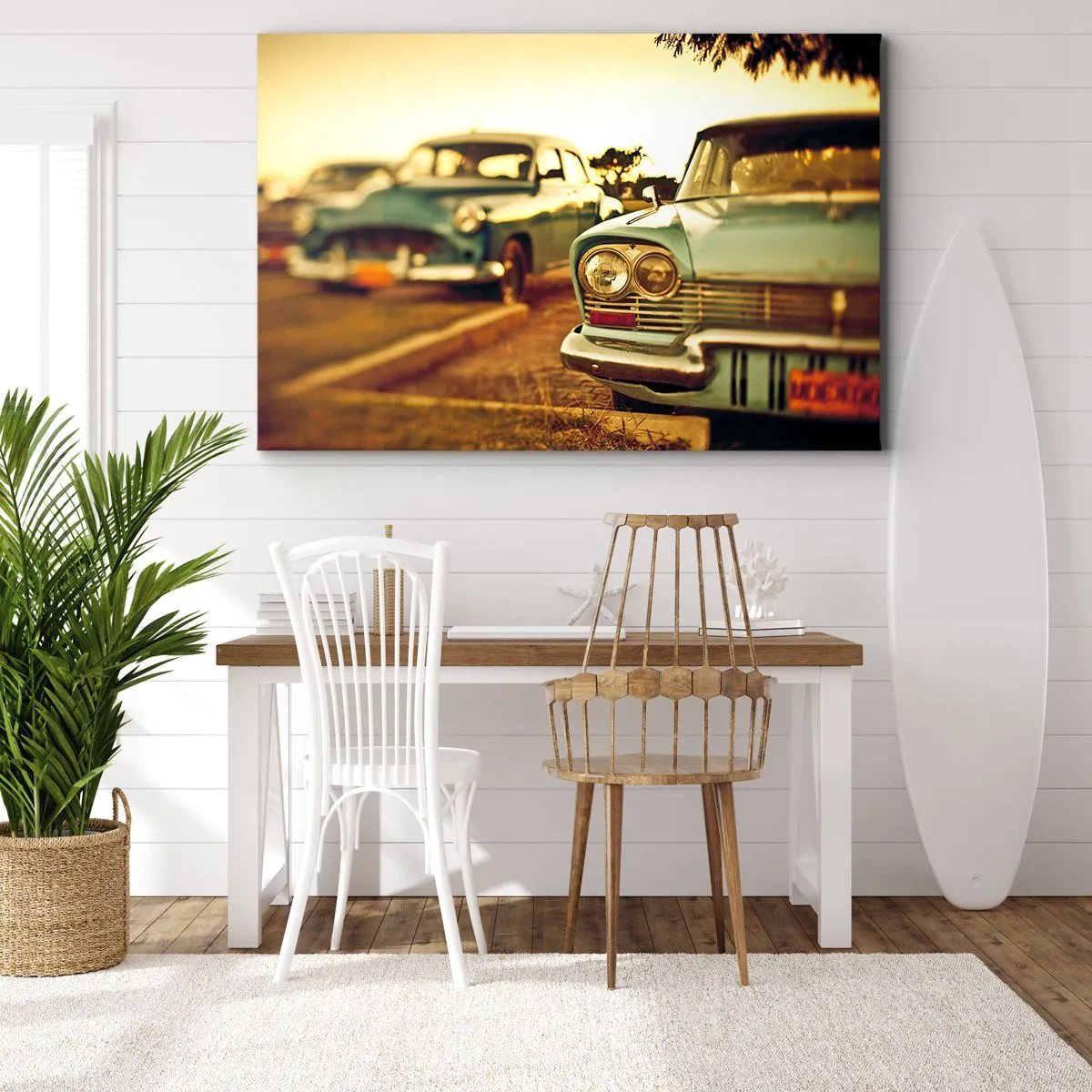 Bild auf Leinwand - Leinwandbild - Oldtimer im warmen Licht des Sonnenuntergangs - 100x70cm - Wir werden abwarten und sehen - Moderne Wanddekoration für Wohnzimmer und Schlafzimmer ARTTOR