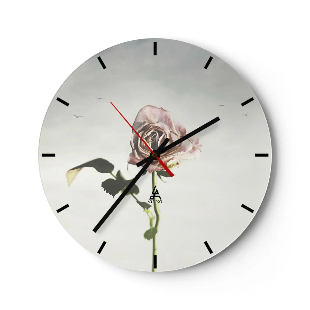 Wanduhr - Glasuhr - Eine zarte Rose auf hellem Hintergrund mit Vögeln in der Ferne - 30x30cm - Begrüßung des Frühlings - Moderne Wanddekoration für Wohnzimmer, Küche und Schlafzimmer ARTTOR