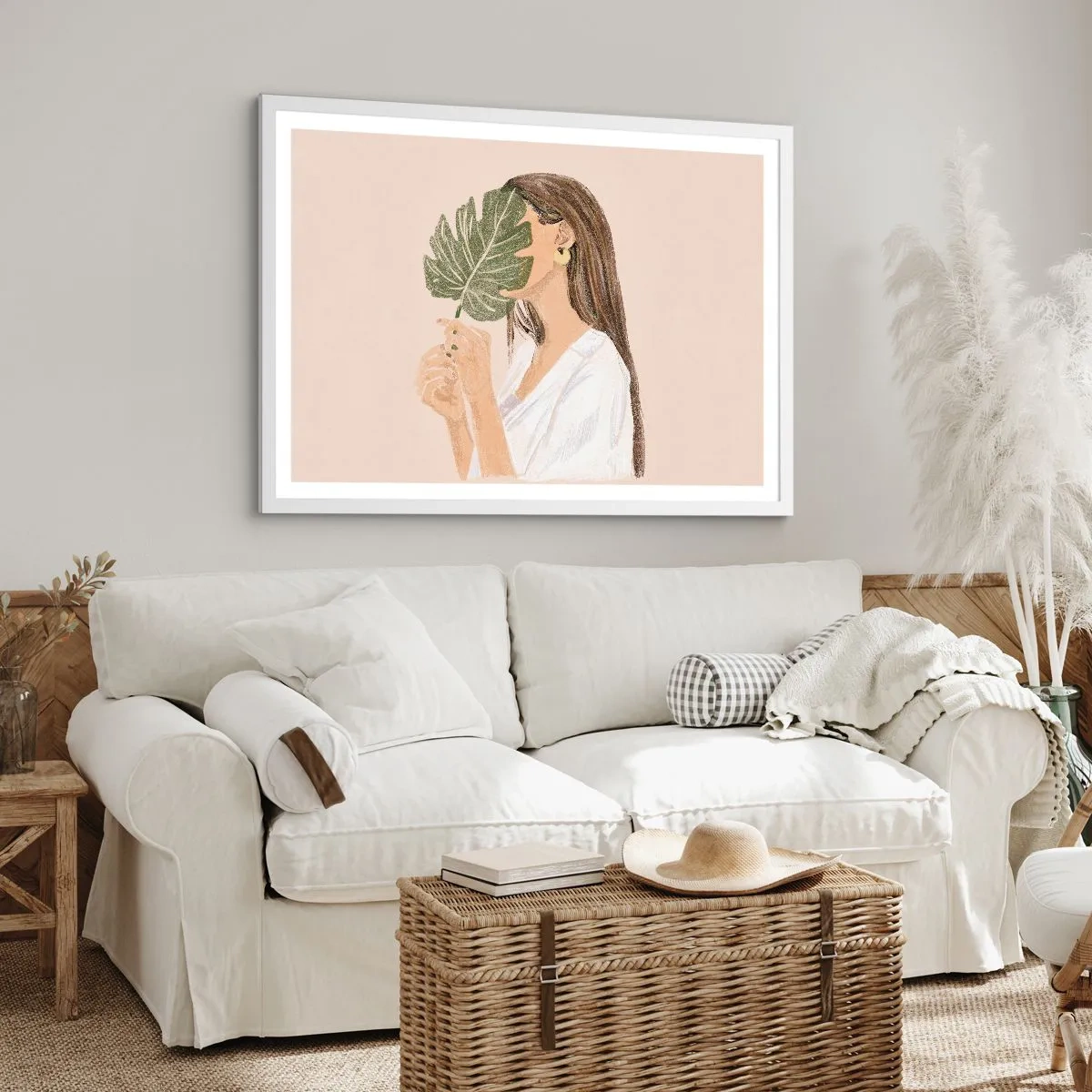 Poster in einem weißen Rahmen - Geheimnisvolles Porträt mit Fächer - 91x61 cm