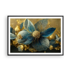 Poster in einem schwarzem Rahmen - Elegante Blumen in Blau- und Goldtönen - 100x70cm - Mit Gold blühen - Moderne Wanddekoration für Wohnzimmer und Schlafzimmer ARTTOR