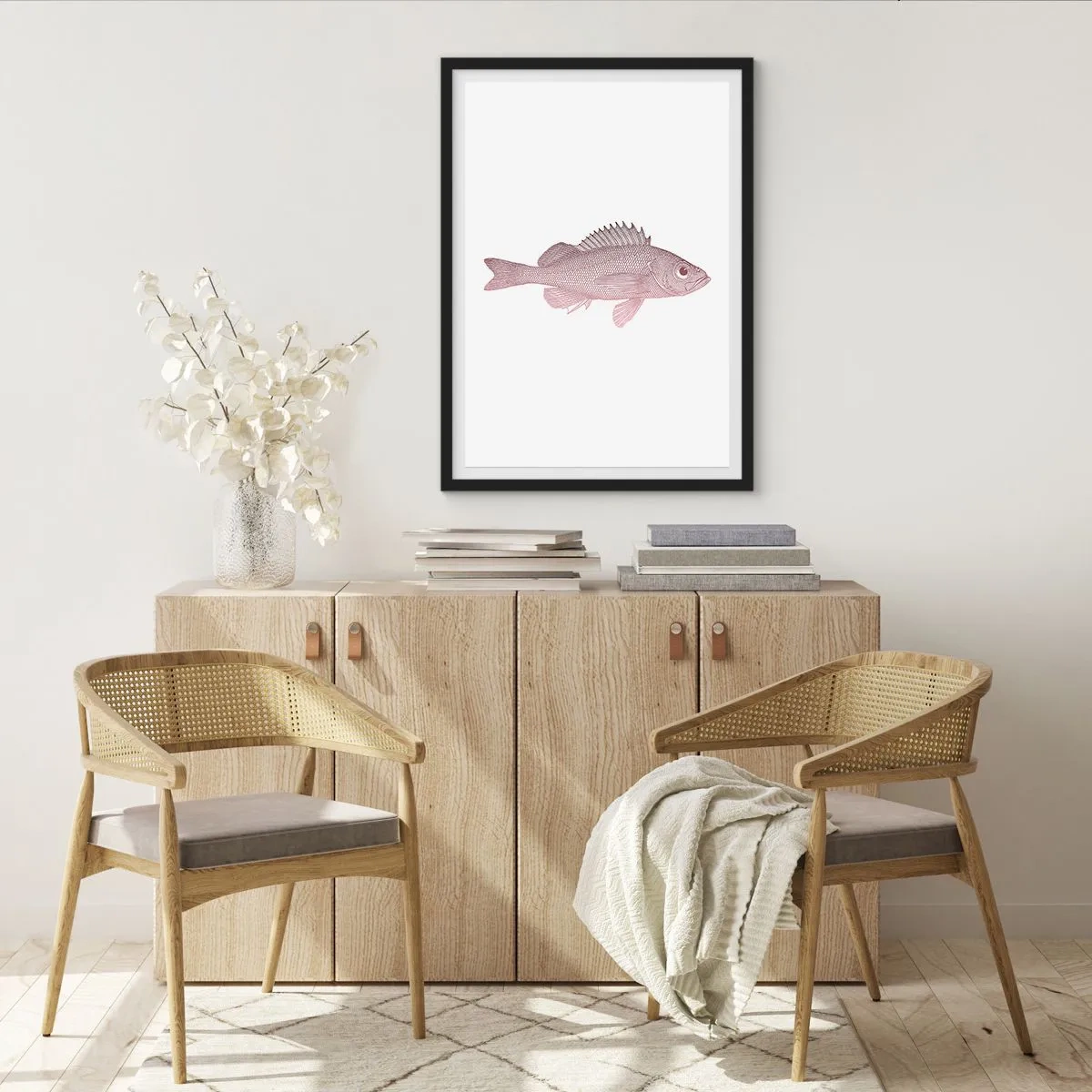 Poster in einem schwarzem Rahmen - Fischgrafik auf weißem Hintergrund im minimalistischen Stil - 50x70cm - Großäugiger Fisch - Moderne Wanddekoration für Wohnzimmer und Schlafzimmer ARTTOR