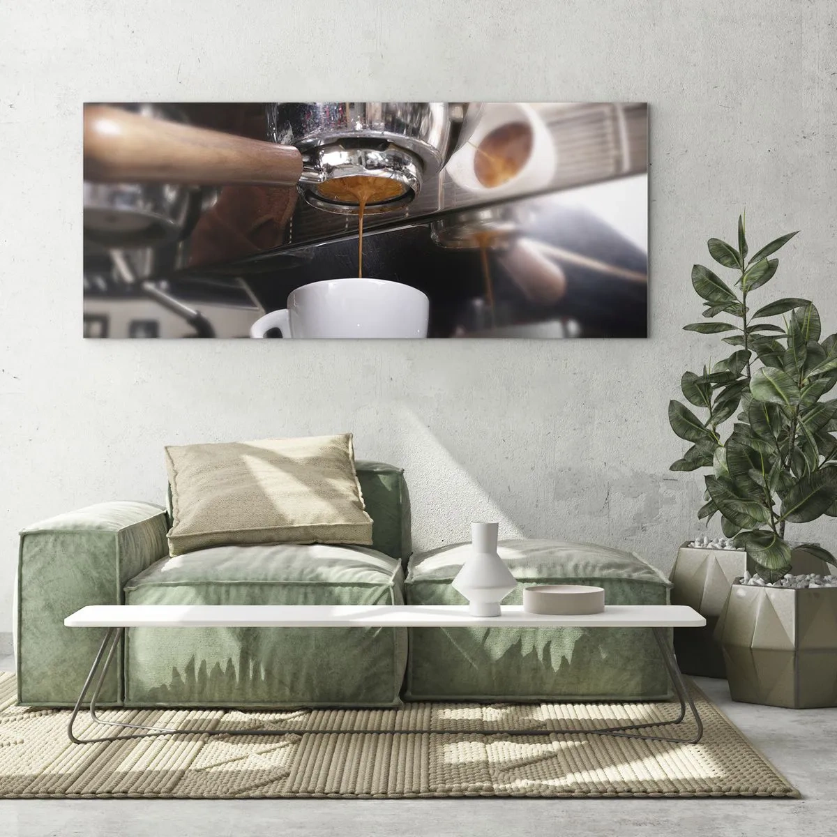 Glasbild - Bild auf glas - Nahaufnahme einer Kaffeemaschine, die einen frischen Espresso zubereitet - 160x50cm - Gute Zeit des Tages - Moderne Wanddekoration für Wohnzimmer und Schlafzimmer ARTTOR