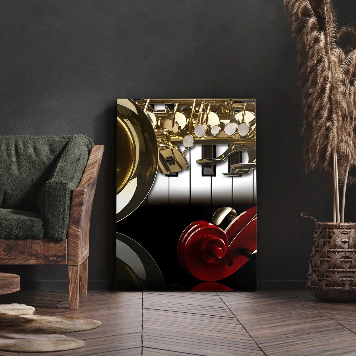 Bild auf Leinwand - Leinwandbild - Ein goldenes Saxophon, Klaviertasten und eine rote Geige - 70x100cm - Blech, Holz und Elfenbein - Moderne Wanddekoration für Wohnzimmer und Schlafzimmer ARTTOR