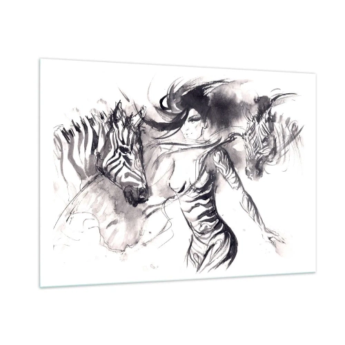 Glasbild - Bild auf glas - Schwarz-Weiß-Komposition mit einer Frau und einem Zebra im künstlerischen Stil - 100x70cm - Tanzen mit den Zebras - Moderne Wanddekoration für Wohnzimmer und Schlafzimmer ARTTOR