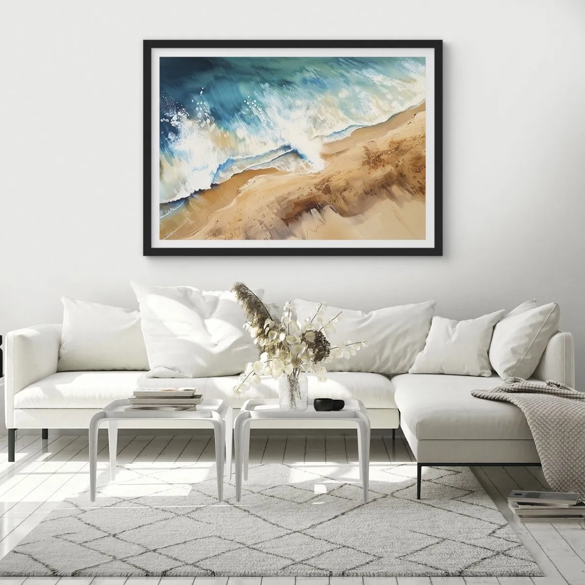 Poster in einem schwarzem Rahmen - Eine Meereswelle, die gegen den Sandstrand prallt - 100x70cm - Zurückkehrende Welle - Moderne Wanddekoration für Wohnzimmer und Schlafzimmer ARTTOR
