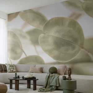 Fototapete Premium Sand - Zarte hellgrüne Blätter auf hellem Hintergrund - 100x70cm - Am Anfang waren Blätter... - Moderne Wanddekoration für Wohnzimmer und Schlafzimmer ARTTOR