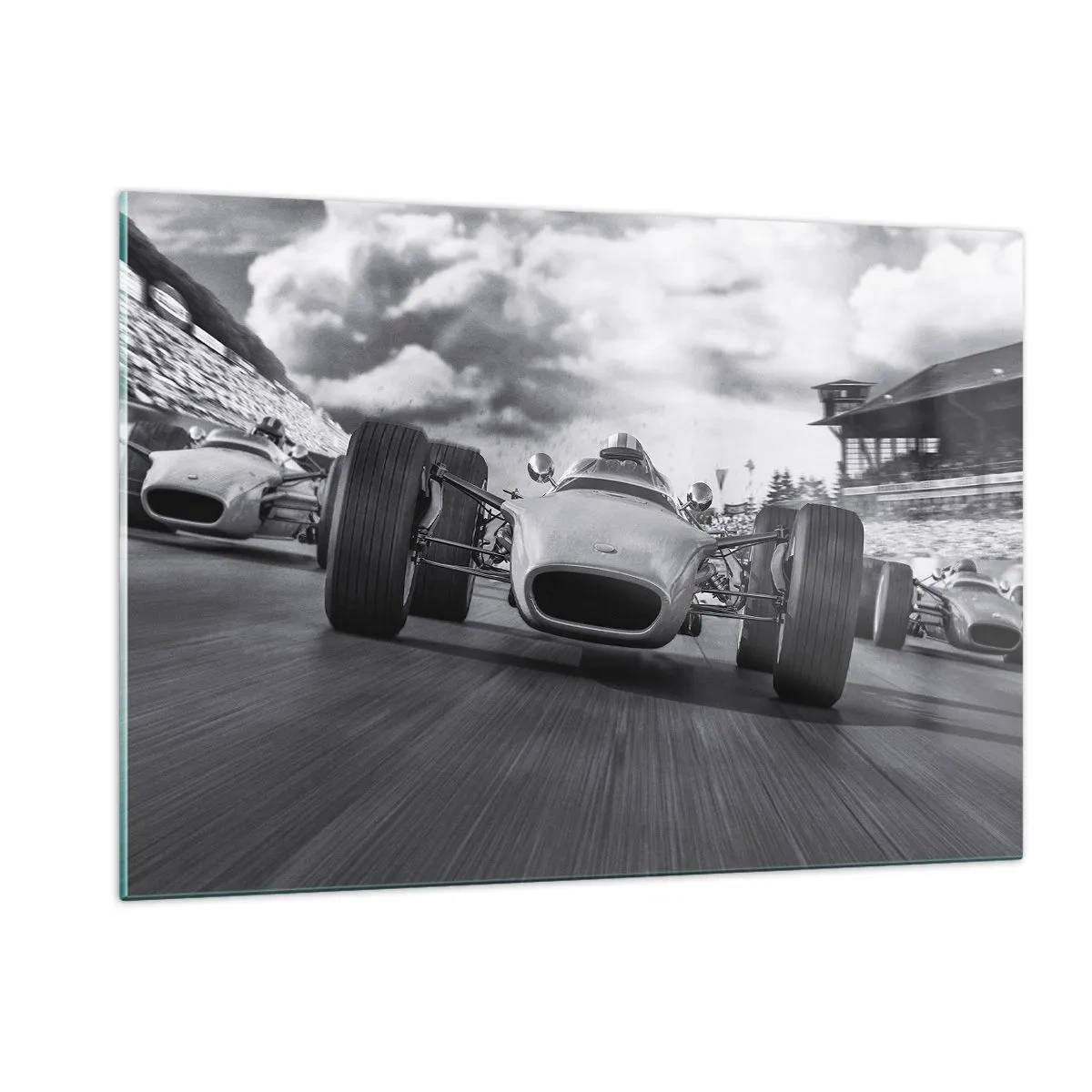 Glasbild - Bild auf glas - Oldtimer-Rennen auf einer Rennstrecke in Schwarz und Weiß - 120x80cm - Power ist da! - Moderne Wanddekoration für Wohnzimmer und Schlafzimmer ARTTOR