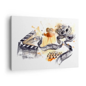 Bild auf Leinwand - Leinwandbild - Die Symbolik des Kinos mit einem Filmstreifen in einem künstlerischen Aquarell - 70x50cm - Im Land der Träume - Moderne Wanddekoration für Wohnzimmer und Schlafzimmer ARTTOR