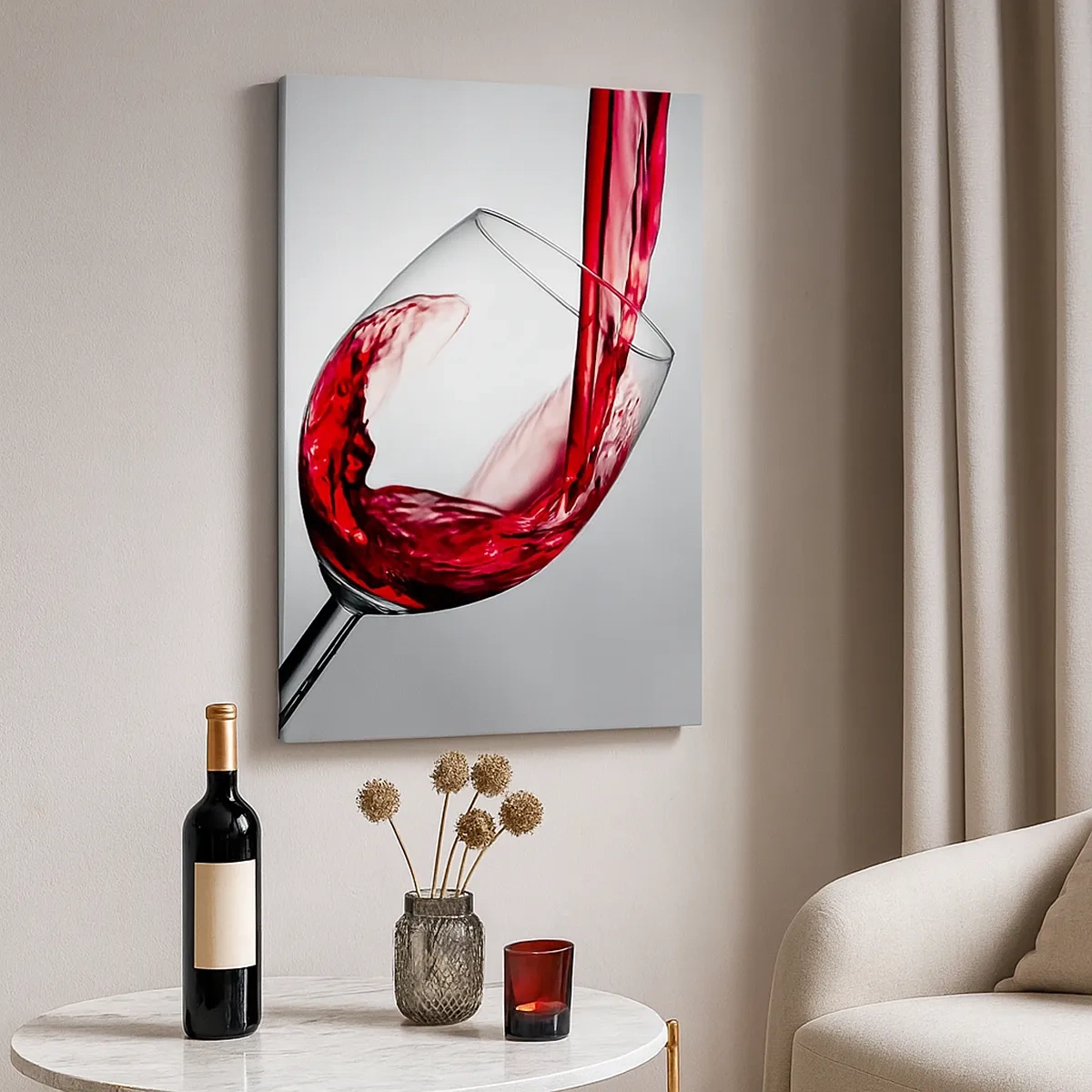 Bild auf Leinwand - Leinwandbild - Ein Glas Rotwein wird vor hellem Hintergrund eingeschenkt - 50x70cm - Farbe – Bewegung – Klang - Moderne Wanddekoration für Wohnzimmer und Schlafzimmer ARTTOR