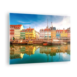 Glasbild - Bild auf glas - Bunte Häuser am Kanal mit Spiegelungen im Wasser - 70x50cm - Glatt wie ein Spiegel über dem Wasser - Moderne Wanddekoration für Wohnzimmer und Schlafzimmer ARTTOR