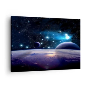 Bild auf Leinwand - Leinwandbild - Ein Blick in den Weltraum mit Planeten und Sternen - 70x50cm - Noch allein? - Moderne Wanddekoration für Wohnzimmer und Schlafzimmer ARTTOR