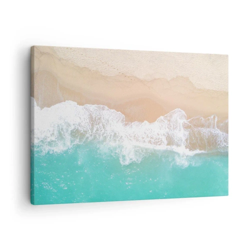 Bild auf Leinwand - Leinwandbild - Eine Vogelperspektive auf einen Strand mit türkisfarbenem Wasser und sanften Wellen - 70x50cm - Eine streichelnde Berührung - Moderne Wanddekoration für Wohnzimmer und Schlafzimmer ARTTOR