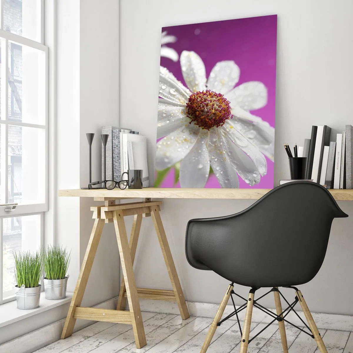 Glasbild - Bild auf glas - Makrofotografie einer weißen Blume mit Tautropfen vor einem rosa Hintergrund - 50x70cm - Bescheiden in seiner Schönheit - Moderne Wanddekoration für Wohnzimmer und Schlafzimmer ARTTOR