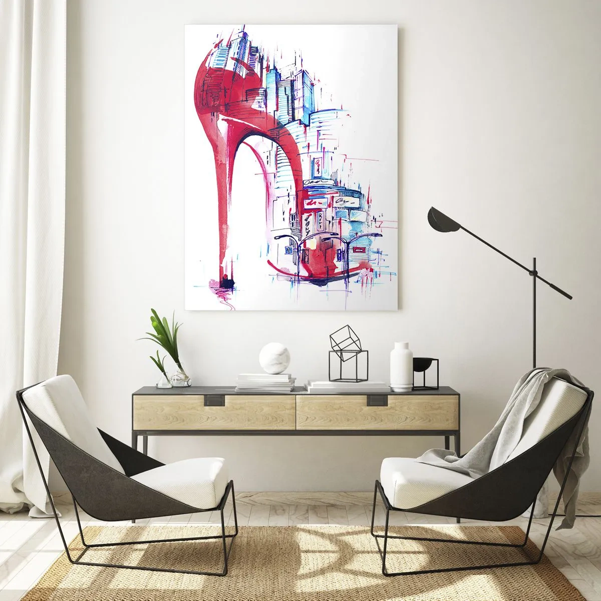 Glasbild - Bild auf glas - Abstrakter roter Stilettoabsatz mit urbanen Details - 80x120cm - Ein Großstadt-Dandy - Moderne Wanddekoration für Wohnzimmer und Schlafzimmer ARTTOR