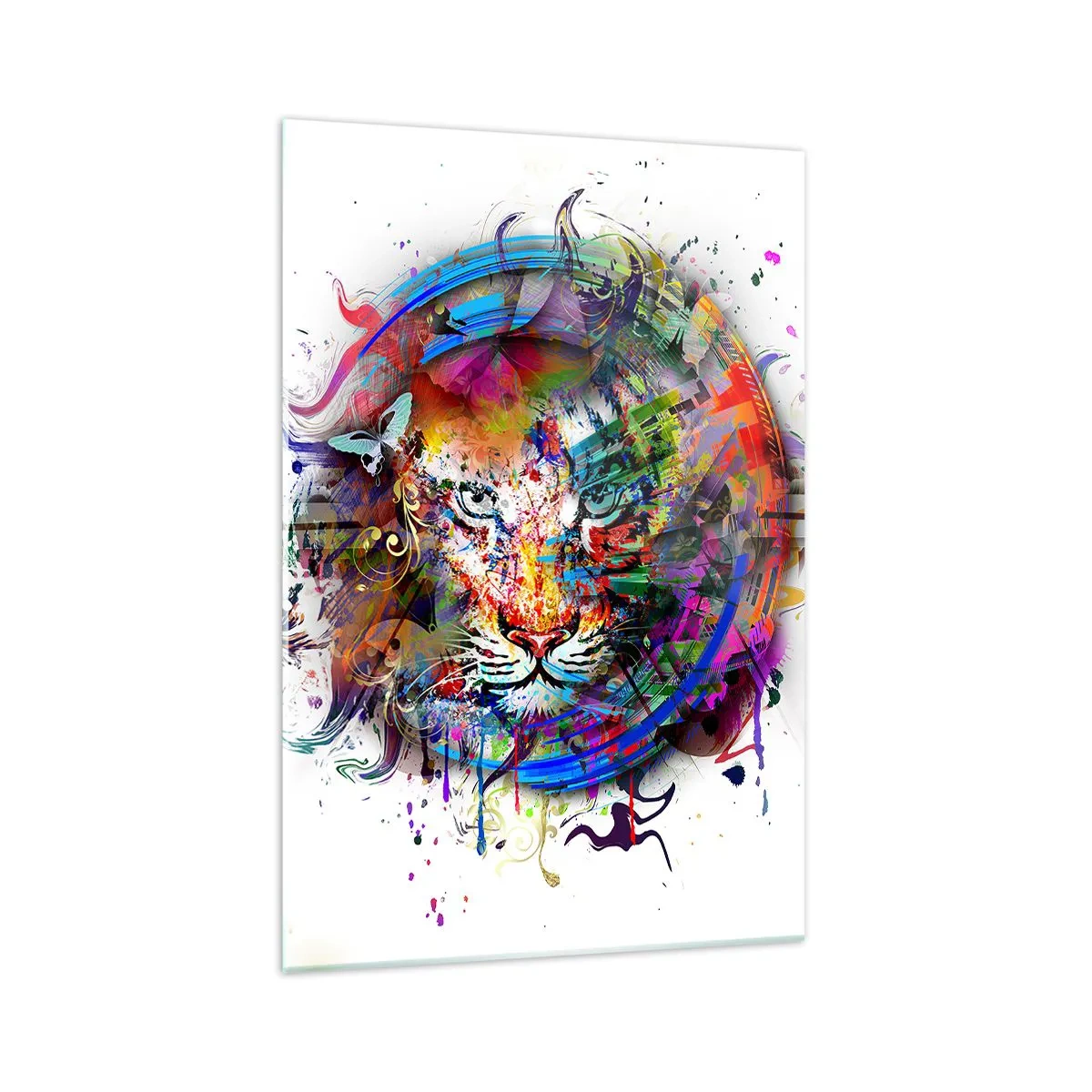 Glasbild - Bild auf glas - Farbenfrohes Porträt eines Löwen im abstrakten Stil - 70x100cm - Es lauert hinter einem Regenbogenschleier - Moderne Wanddekoration für Wohnzimmer und Schlafzimmer ARTTOR