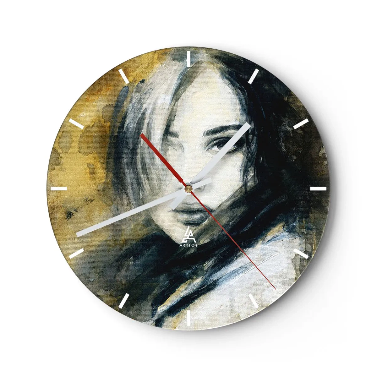 Wanduhr - Glasuhr - Porträt einer Frau im künstlerischen Stil in Gold- und Schwarztönen - 30x30cm - unschuldiger oder sinnlicher? - Moderne Wanddekoration für Wohnzimmer, Küche und Schlafzimmer ARTTOR