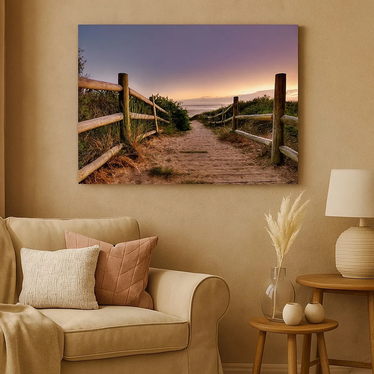 Bild auf Leinwand - Leinwandbild - Holzweg in den Dünen, der bei Sonnenuntergang zum Strand führt - 70x50cm - Das Ziel ist bereits sichtbar - Moderne Wanddekoration für Wohnzimmer und Schlafzimmer ARTTOR