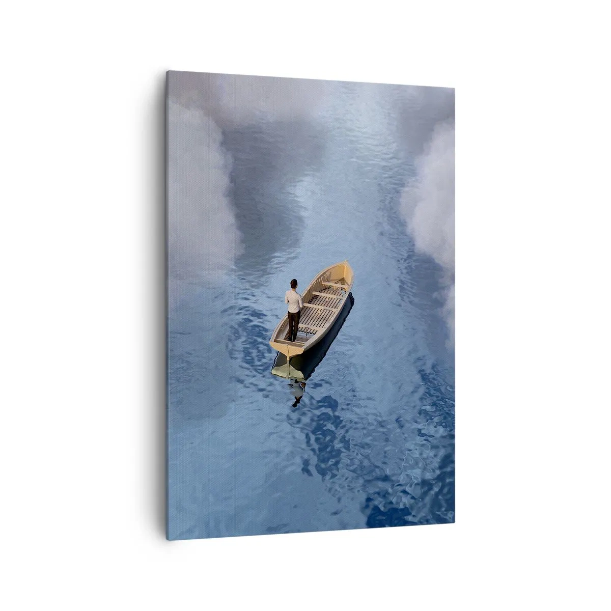 Bild auf Leinwand - Leinwandbild - Ein Mann in einem Boot auf einem ruhigen Meer, umgeben von Wolken - 70x100cm - Leben – Reise – unbekannt - Moderne Wanddekoration für Wohnzimmer und Schlafzimmer ARTTOR