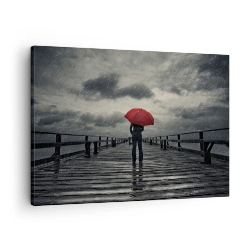 Bild auf Leinwand - Leinwandbild - Eine Person mit einem roten Regenschirm auf einem verregneten Pier - 70x50cm - Es ist egal, dass es regnet - Moderne Wanddekoration für Wohnzimmer und Schlafzimmer ARTTOR
