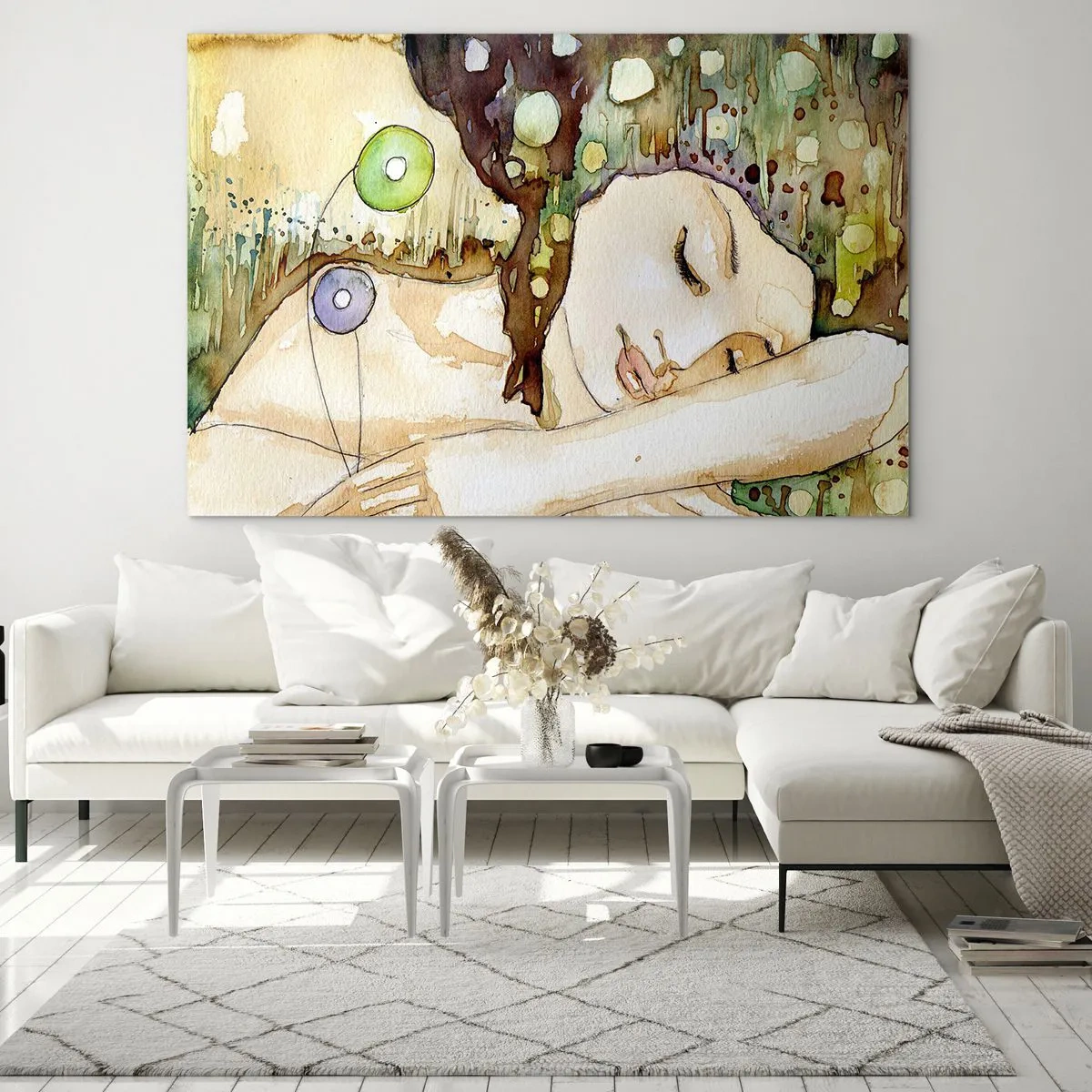 Glasbild - Bild auf glas - Eine schlafende Frau in einem künstlerischen Aquarellgemälde in warmen Farben. - 70x50cm - Ein smaragd-violetter Traum - Moderne Wanddekoration für Wohnzimmer und Schlafzimmer ARTTOR